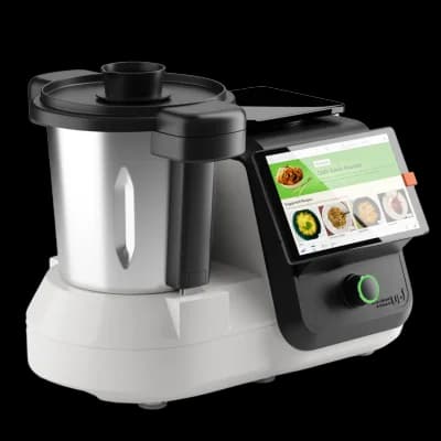 upliance: a steel cooking jar on a white base with a touchscreen