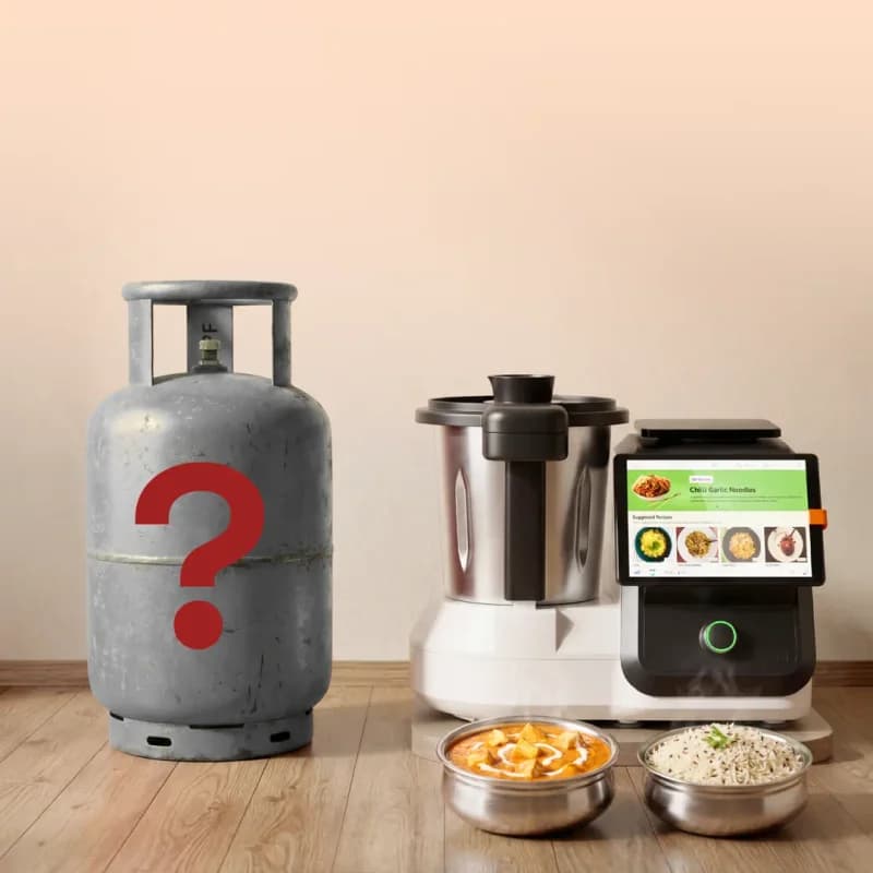 A gas cylinder with a question mark next to upliance and two finished dishes